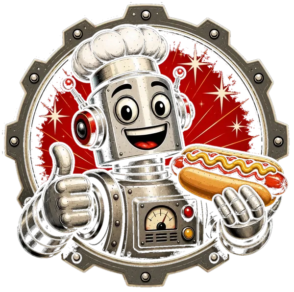 The Dog Machine robot mascot offering a hot dog